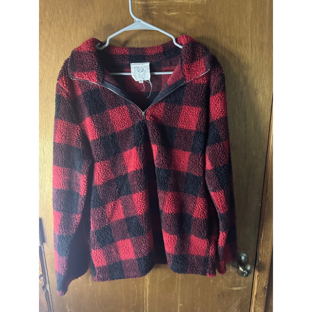 Fantastic Fawn Womens Red Black Buffalo Plaid Sherpa Quarter Zip Pullover M